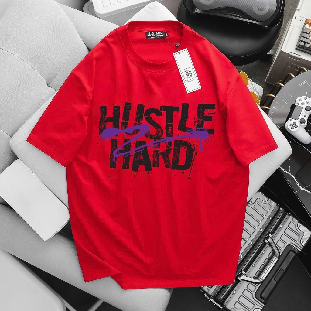 [ Big Men] Áo thun cotton in Hustle Hard thời trang cá tính bigsize nam 85-135 kg
