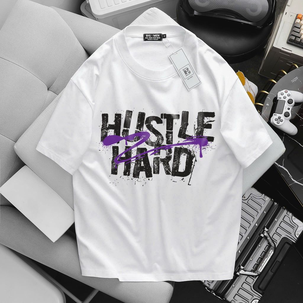 [ Big Men] Áo thun cotton in Hustle Hard thời trang cá tính bigsize nam 85-135 kg