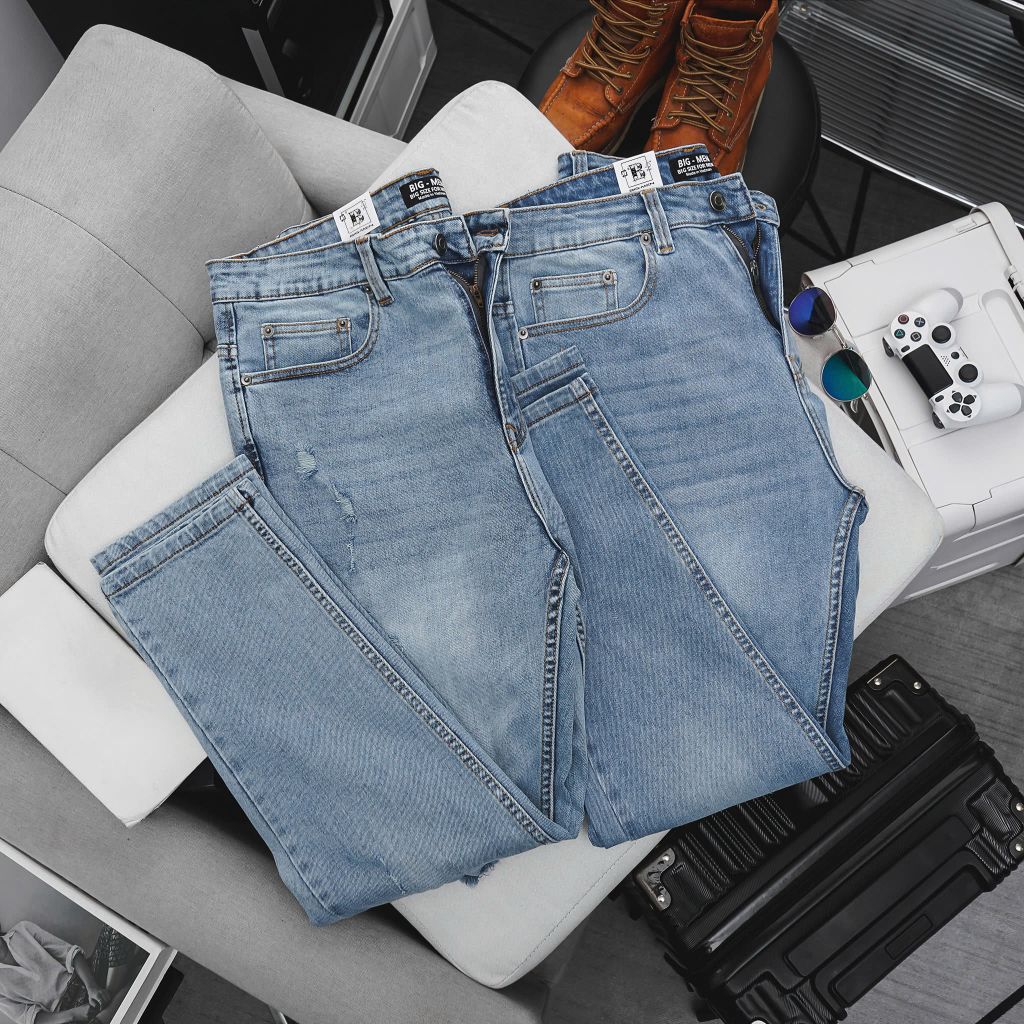 Quần jean dài tông xanh nhạt trơn và phối rách thời trang bigsize nam 80- 130 kg_ Mã 479