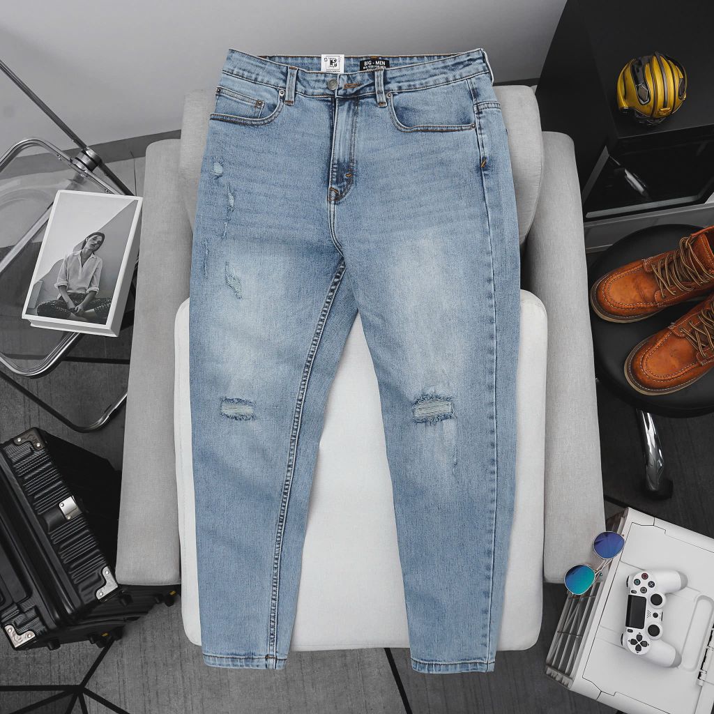 Quần jean dài tông xanh nhạt trơn và phối rách thời trang bigsize nam 80- 130 kg_ Mã 479