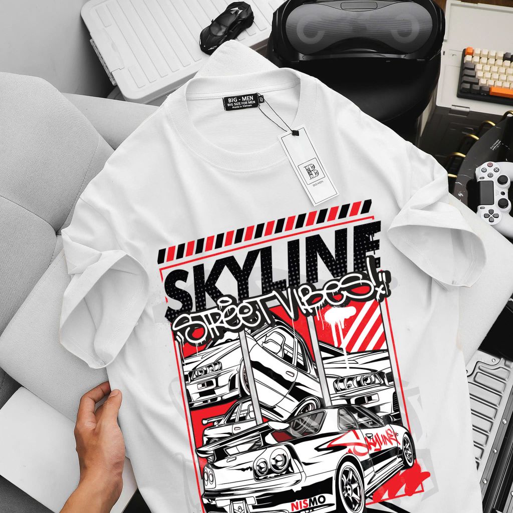 [Big Men] Áo thun cotton màu trắng in SKYLINE cá tính thời trang bigsize nam <135 kg