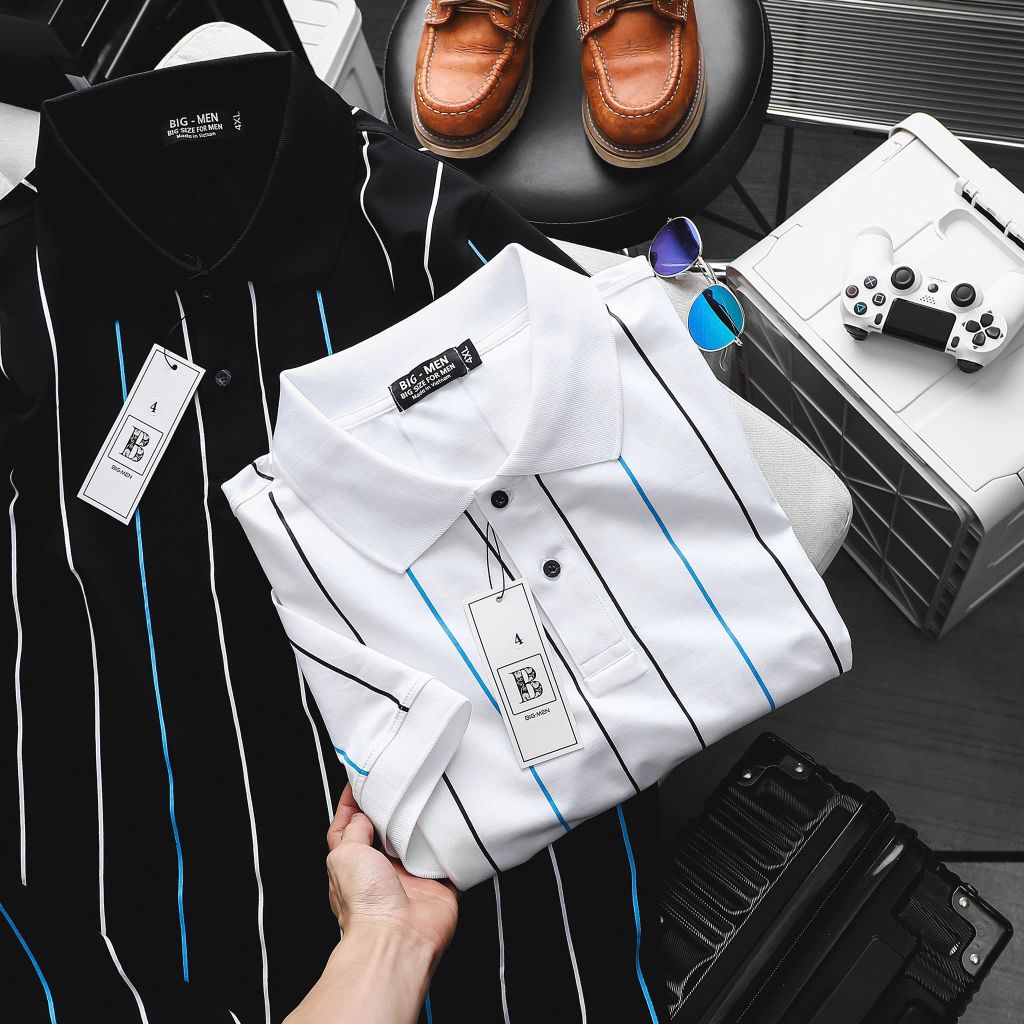 Áo thun polo cotton phối sọc dọc thời trang bigsize nam< 135 kg