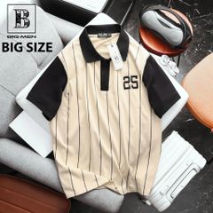 Áo thun polo cotton thêu số 25 phối sọc dọc thời trang bigsize nam< 135 kg