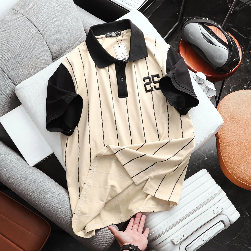 Áo thun polo cotton thêu số 25 phối sọc dọc thời trang bigsize nam< 135 kg
