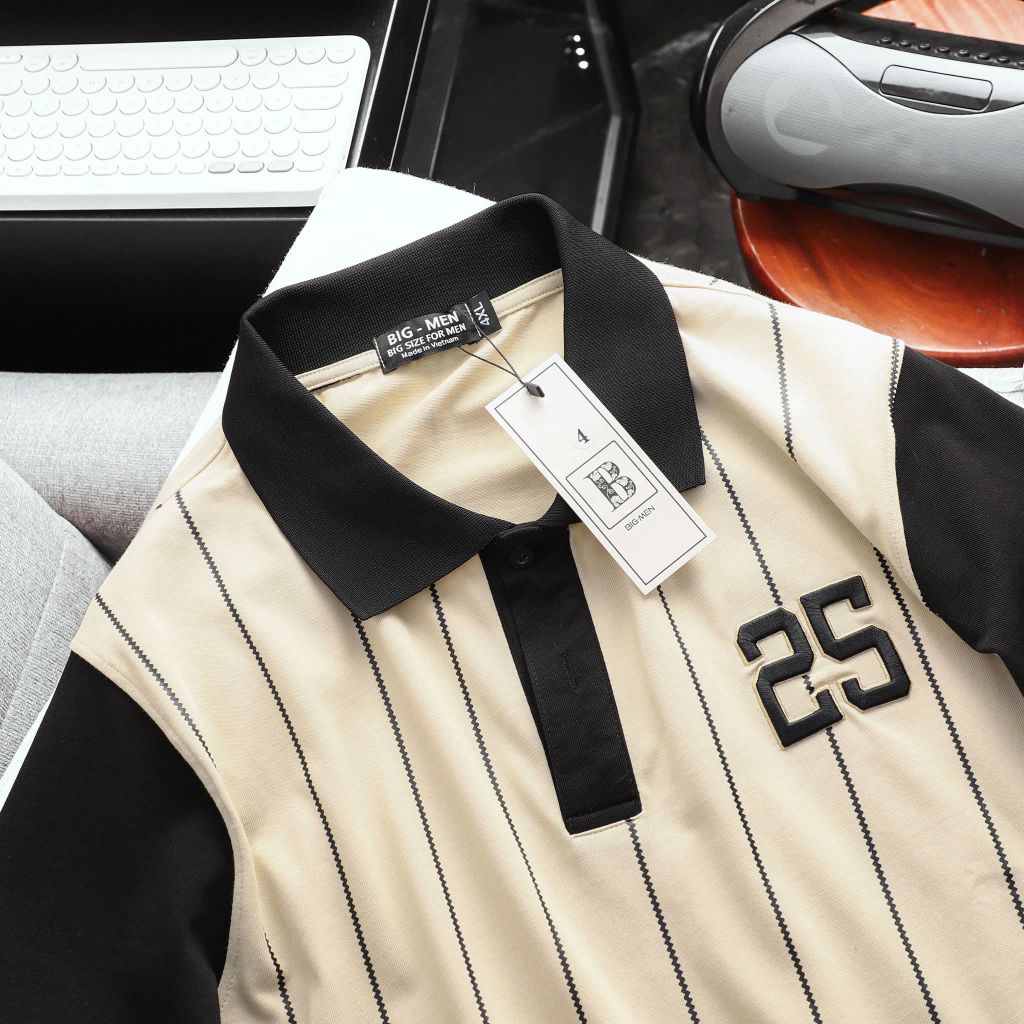 Áo thun polo cotton thêu số 25 phối sọc dọc thời trang bigsize nam< 135 kg