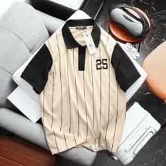 Áo thun polo cotton thêu số 25 phối sọc dọc thời trang bigsize nam< 135 kg