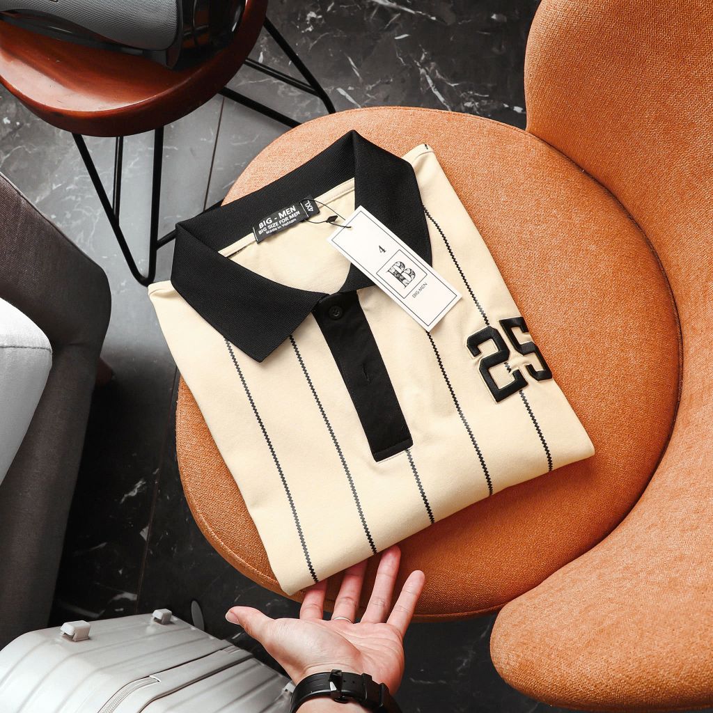 Áo thun polo cotton thêu số 25 phối sọc dọc thời trang bigsize nam< 135 kg