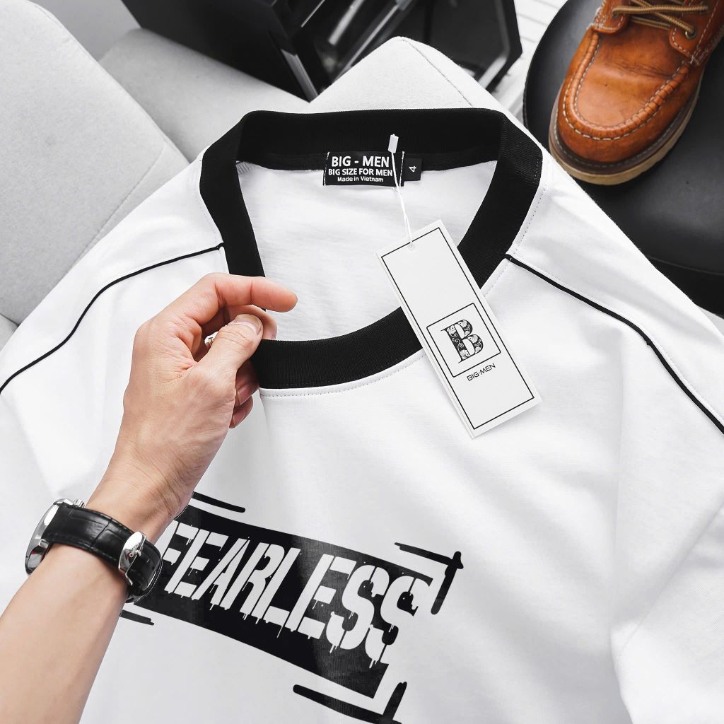[ Big Men] Áo thun cotton phối sọc viền sọc tay in Fearless thời trang bigsize nam 85- 135 kg