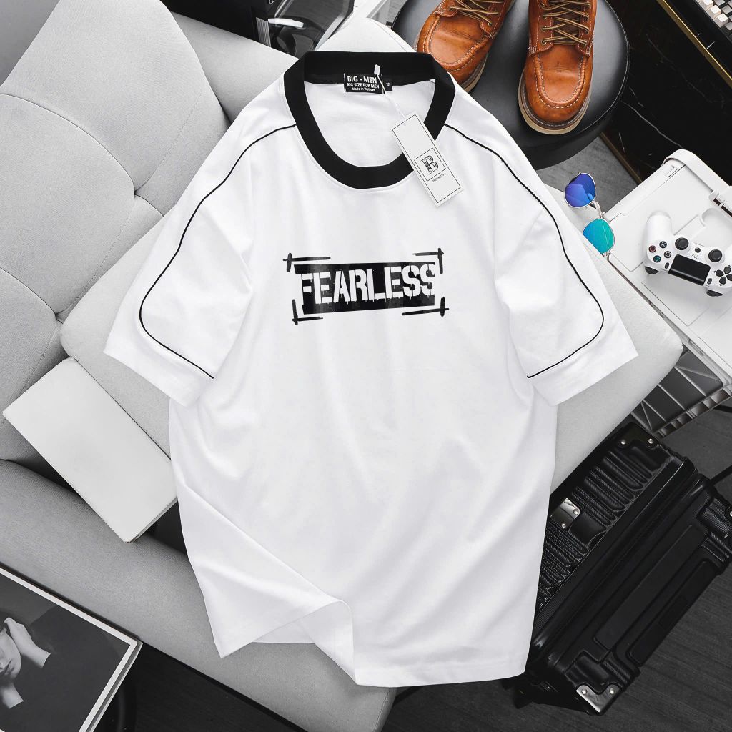 [ Big Men] Áo thun cotton phối sọc viền sọc tay in Fearless thời trang bigsize nam 85- 135 kg