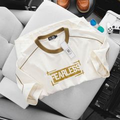 [ Big Men] Áo thun cotton phối sọc viền sọc tay in Fearless thời trang bigsize nam 85- 135 kg