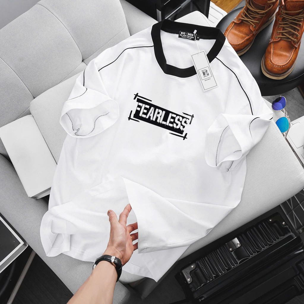 [ Big Men] Áo thun cotton phối sọc viền sọc tay in Fearless thời trang bigsize nam 85- 135 kg
