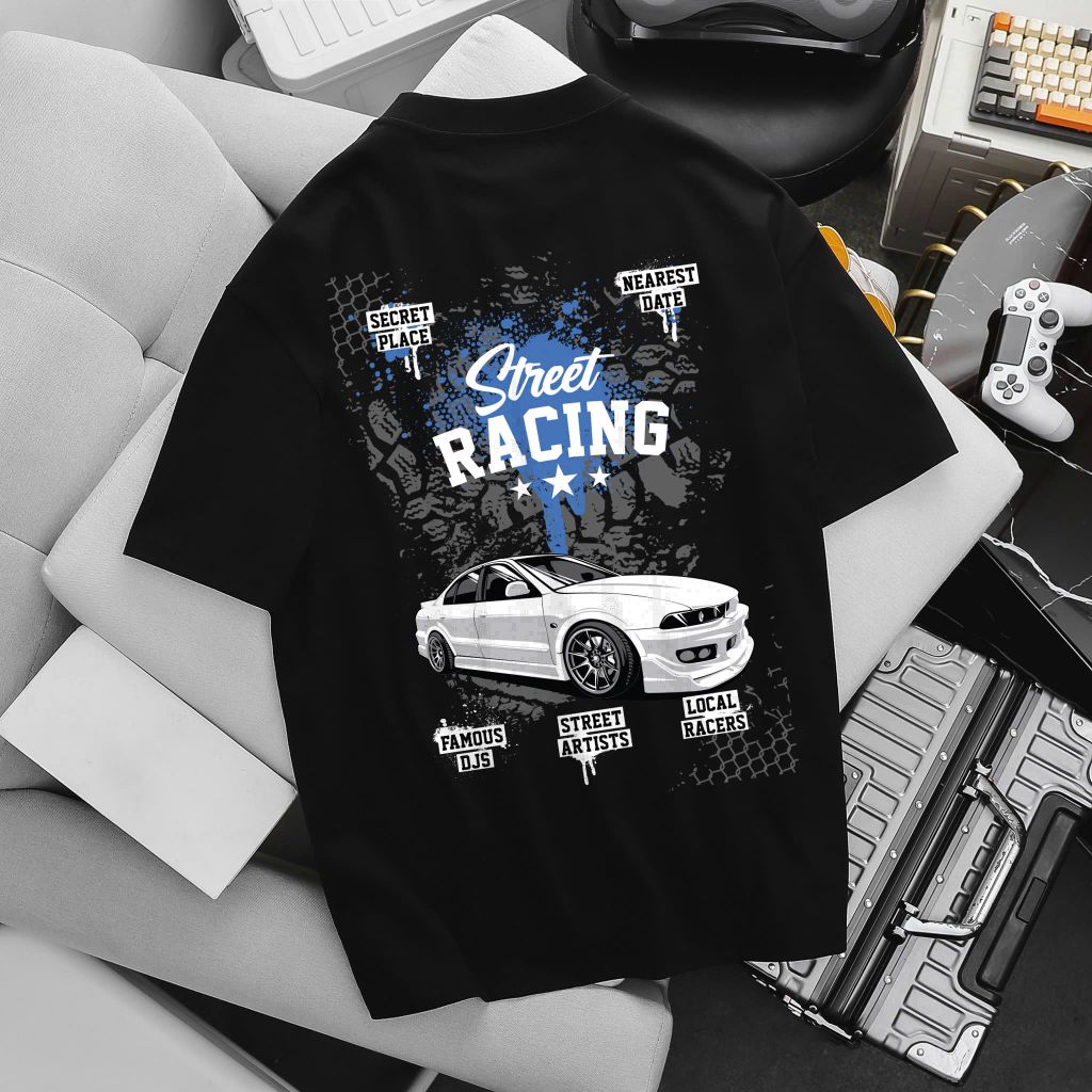[ Big Men] Áo thun cotton màu đen in hai mặt Street Racing cá tính bigsize nam< 135 kg