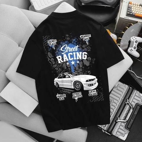 [ Big Men] Áo thun cotton màu đen in hai mặt Street Racing cá tính bigsize nam< 135 kg