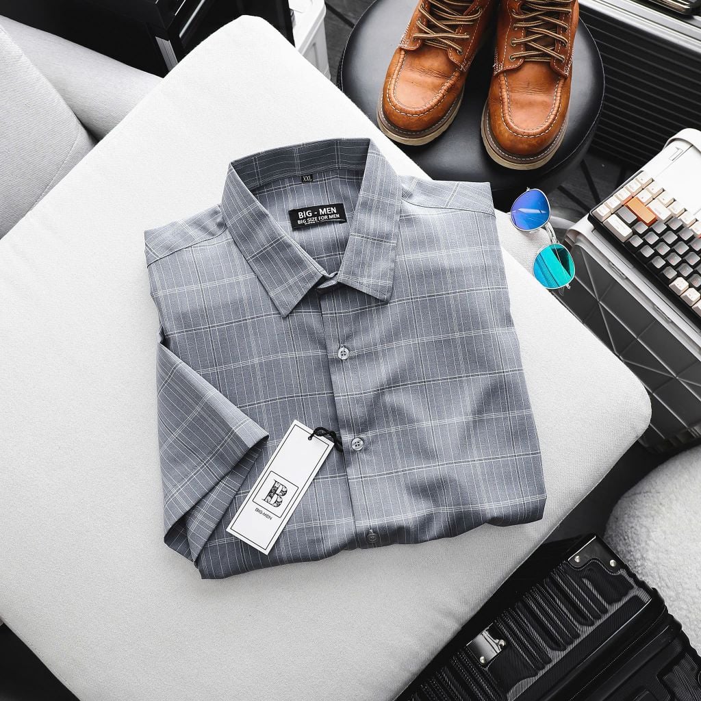 [Big Men] Áo sơ mi tay ngắn phối sọc vuông lịch lãm thời trang bigsize nam 80- 130 kg