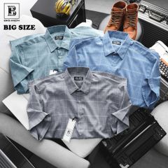 [Big Men] Áo sơ mi tay ngắn phối sọc vuông lịch lãm thời trang bigsize nam 80- 130 kg