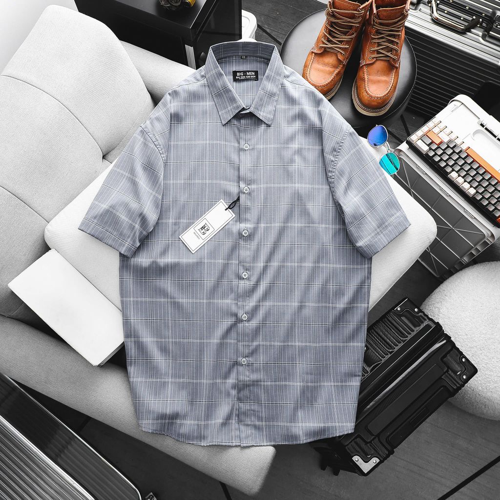 [Big Men] Áo sơ mi tay ngắn phối sọc vuông lịch lãm thời trang bigsize nam 80- 130 kg