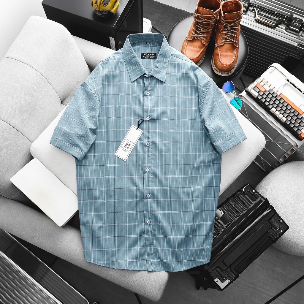 [Big Men] Áo sơ mi tay ngắn phối sọc vuông lịch lãm thời trang bigsize nam 80- 130 kg