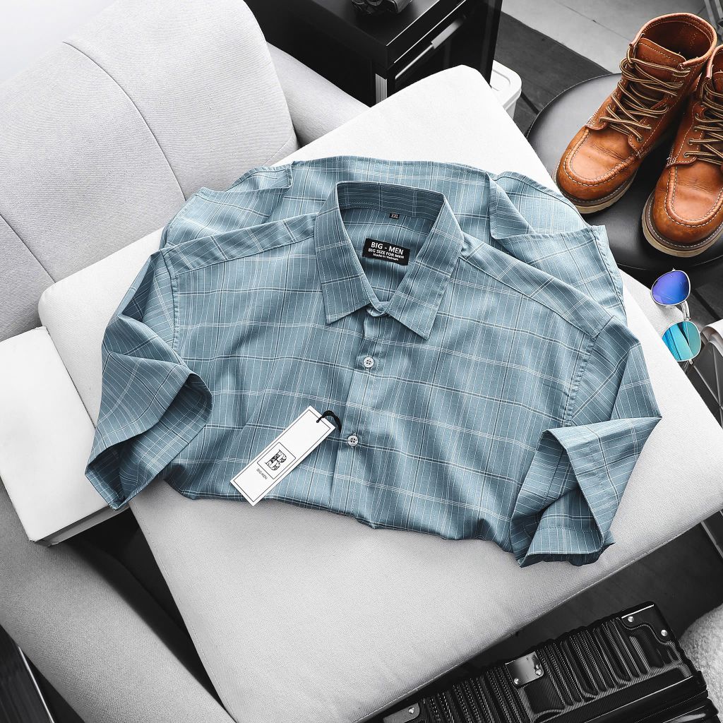 [Big Men] Áo sơ mi tay ngắn phối sọc vuông lịch lãm thời trang bigsize nam 80- 130 kg