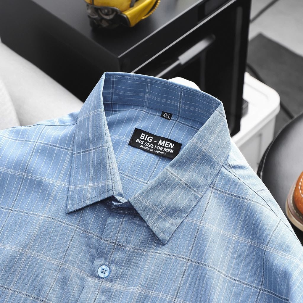 [Big Men] Áo sơ mi tay ngắn phối sọc vuông lịch lãm thời trang bigsize nam 80- 130 kg