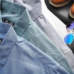 [Big Men] Áo sơ mi tay ngắn phối sọc vuông lịch lãm thời trang bigsize nam 80- 130 kg