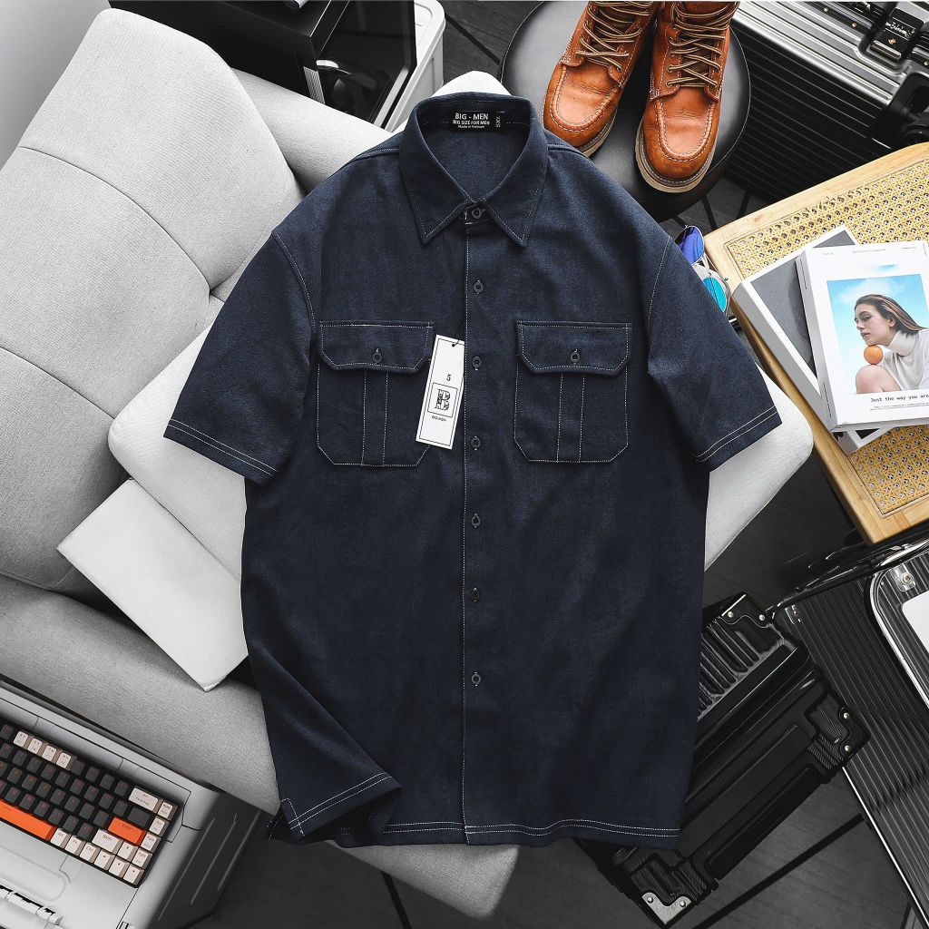 Áo sơ mi tay ngắn phối túi vải cotton thời trang nam 85-140kg - SM cotton