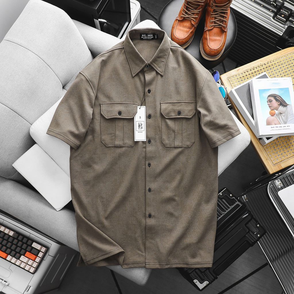 Áo sơ mi tay ngắn phối túi vải cotton thời trang nam 85-140kg - SM cotton