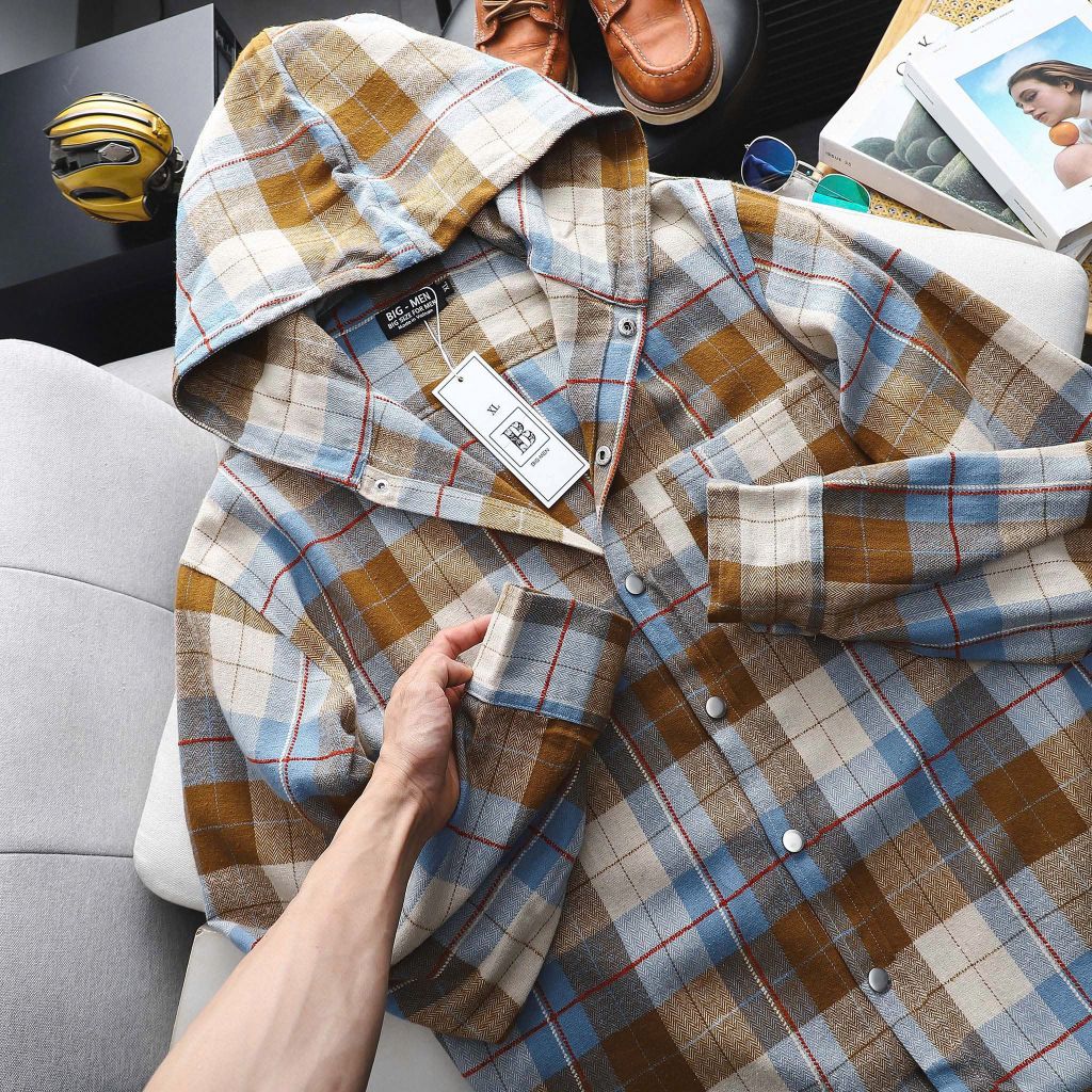 Áo khoác thời trang vải bố bigsize nam phối nút bấm sành điệu < 140kg - khoác caro bố