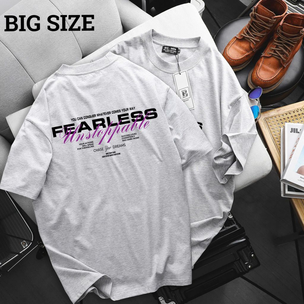 [ Big Men] Áo thun cotton màu xám xi măng in 2 mặt Fearless thời trang bigsize nam 85- 135 kg