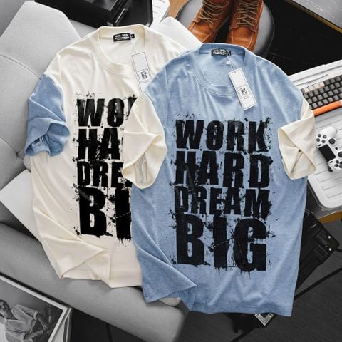 Áo thun bigsize nam chất vải gân len phối màu in chữ Work thời trang