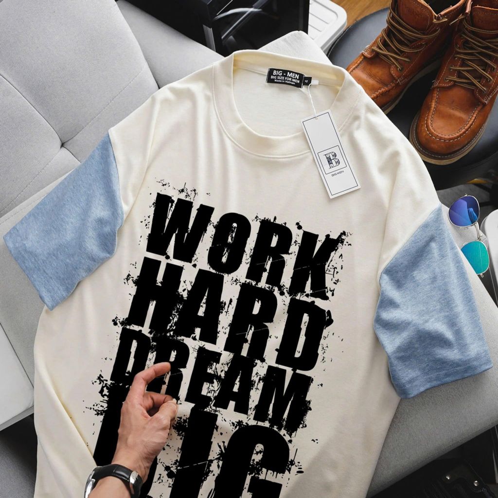Áo thun bigsize nam chất vải gân len phối màu in chữ Work thời trang