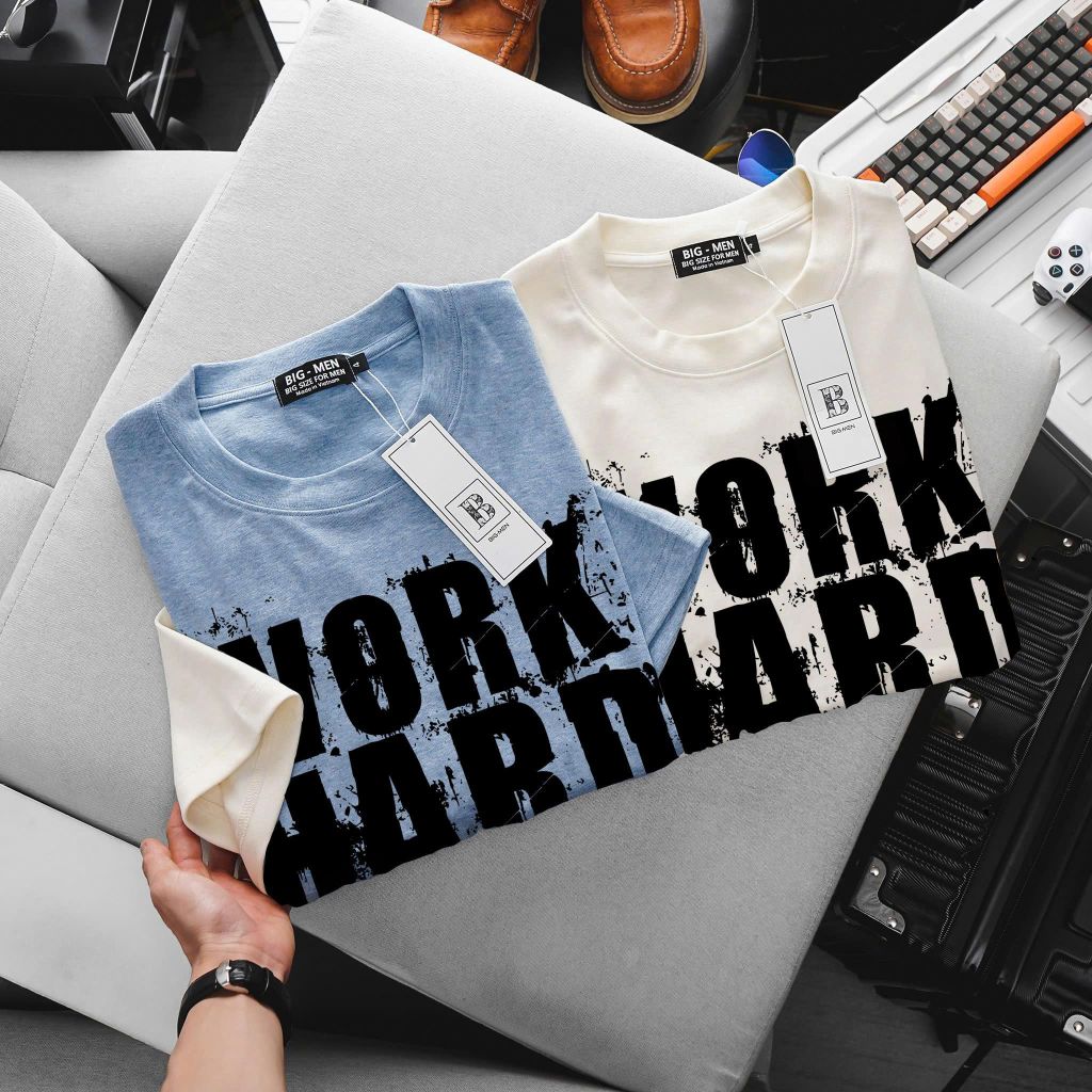 Áo thun bigsize nam chất vải gân len phối màu in chữ Work thời trang