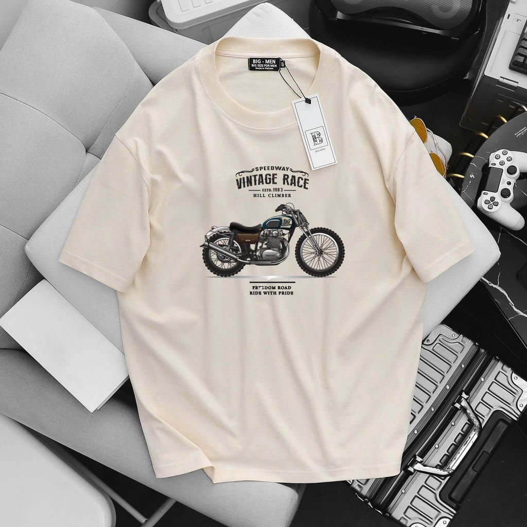 [ Big size< 135 kg] Áo thun cotton bigsize nam in Vintage Race thời trang Big Men