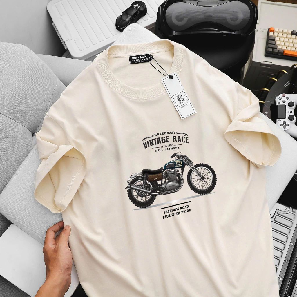 [ Big size< 135 kg] Áo thun cotton bigsize nam in Vintage Race thời trang Big Men