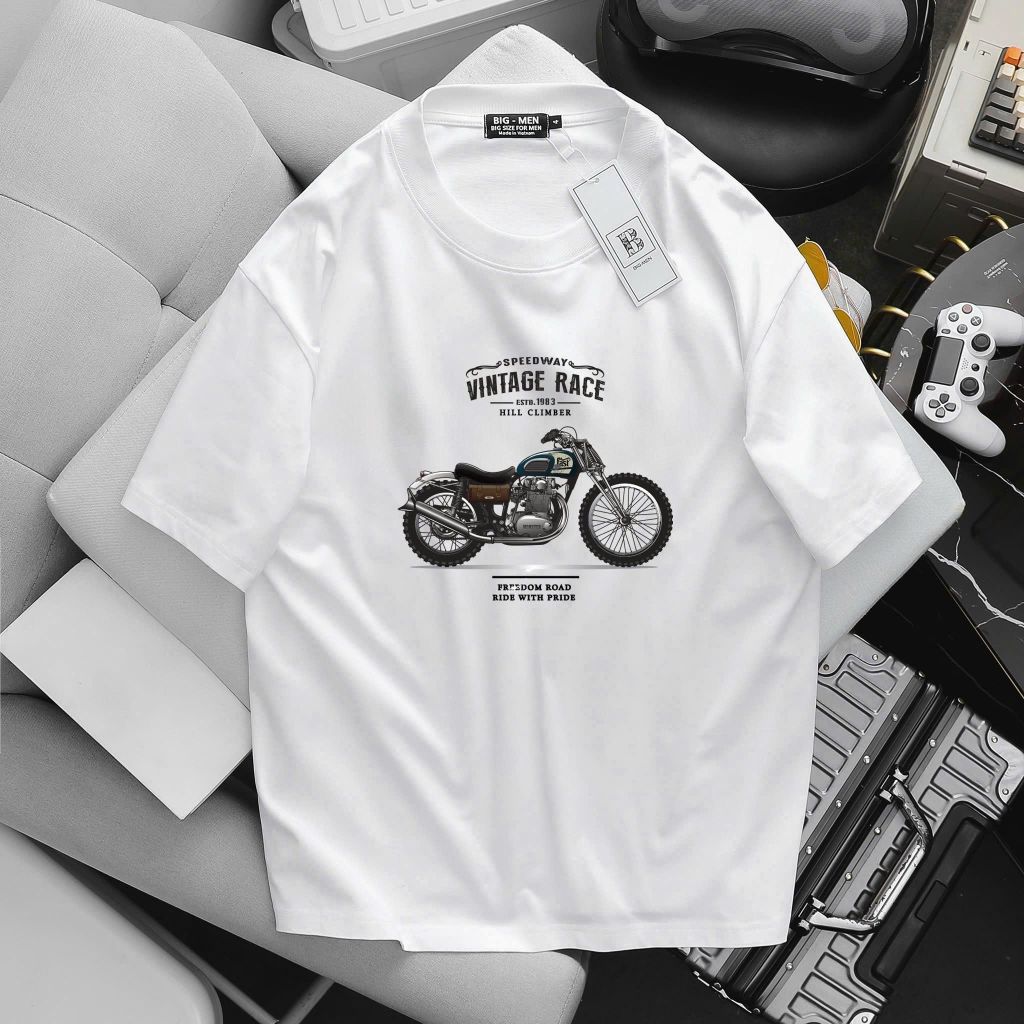 [ Big size< 135 kg] Áo thun cotton bigsize nam in Vintage Race thời trang Big Men