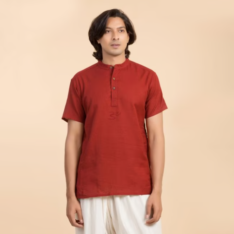  Áo Kurta 100% cotton hữu cơ, có thêu chữ "Aum" (Màu đỏ - Nam) 