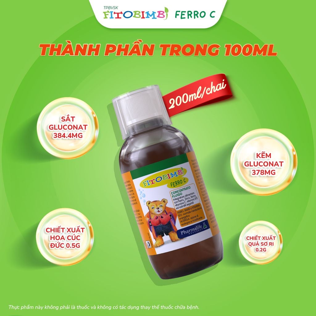 TPBVSK Kẽm sắt song hành Fitobimbi Ferro C - Bổ sung đồng thời Kẽm + Sắt cho bé