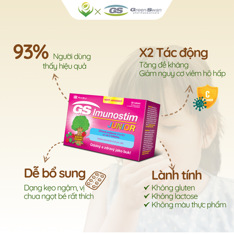 Viên ngậm cây sồi GS Imunostim junior tăng đề kháng hô hấp cho bé