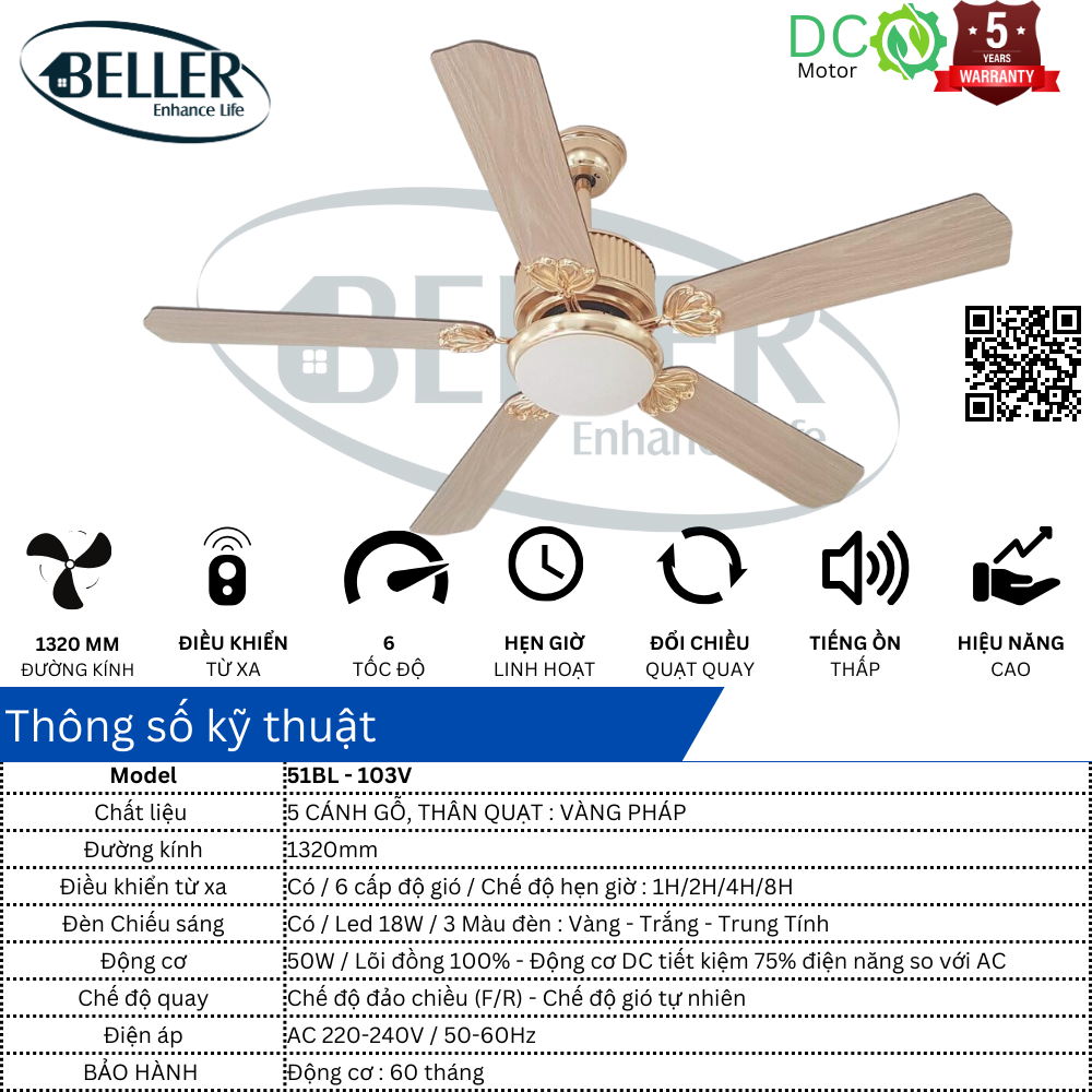  Quạt trần Beller 51BL – 103V 