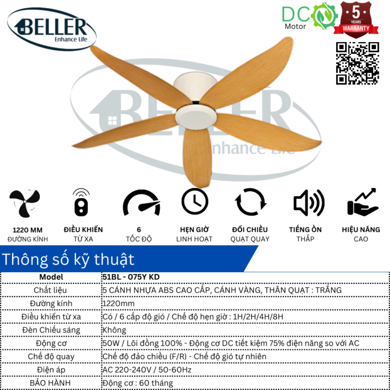  Quạt trần Beller 51BL – 075Y KD 
