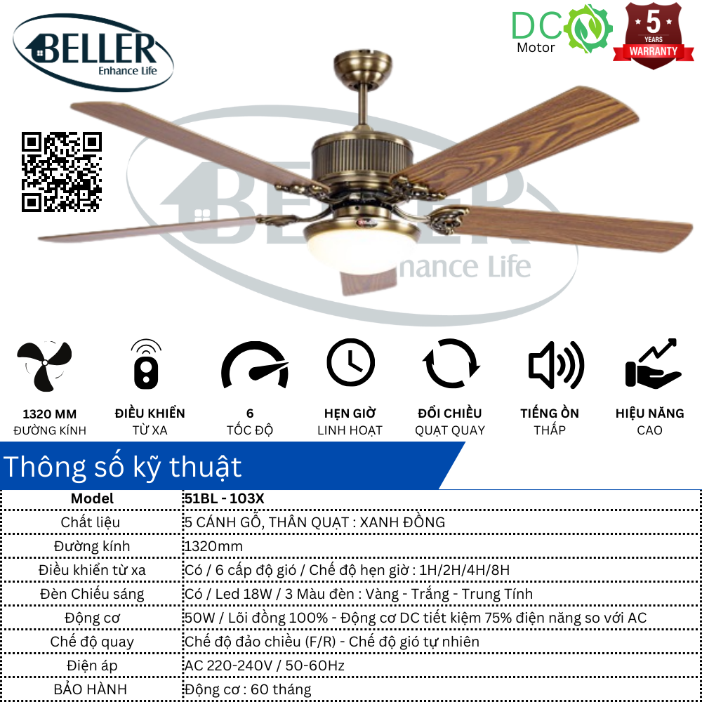  Quạt trần Beller 51BL – 103X 