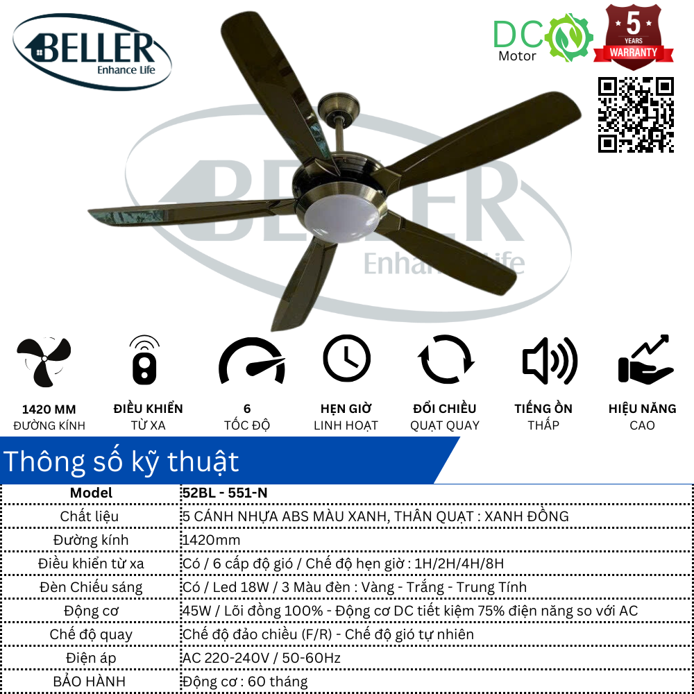  Quạt trần Beller 52BL – 551-N 