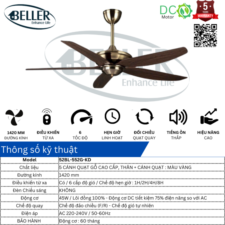  Quạt trần Beller 52BL-552G-KD 
