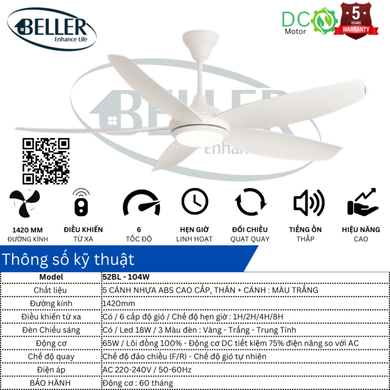  Quạt trần Beller 52BL – 104W 