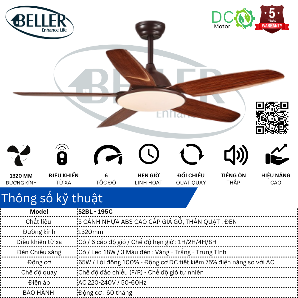  Quạt trần Beller 52BL – 195C 