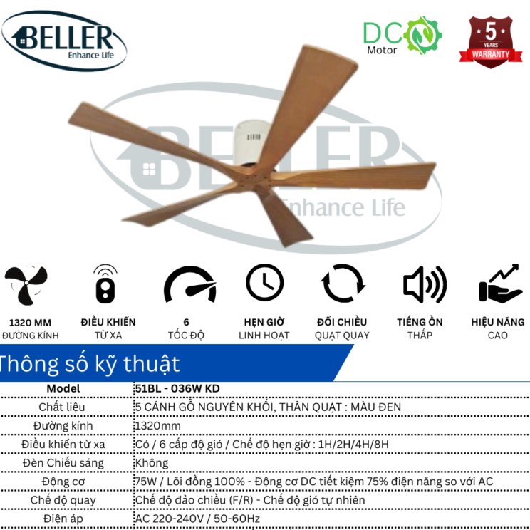 Quạt trần Beller 51BL – 036W KD 