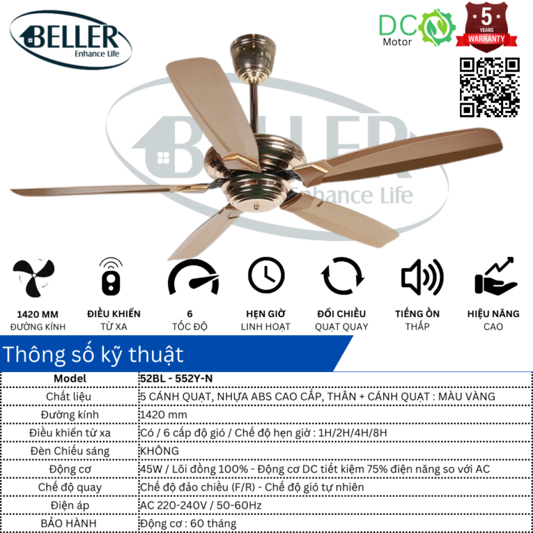  Quạt trần Beller 52BL – 552Y-N 