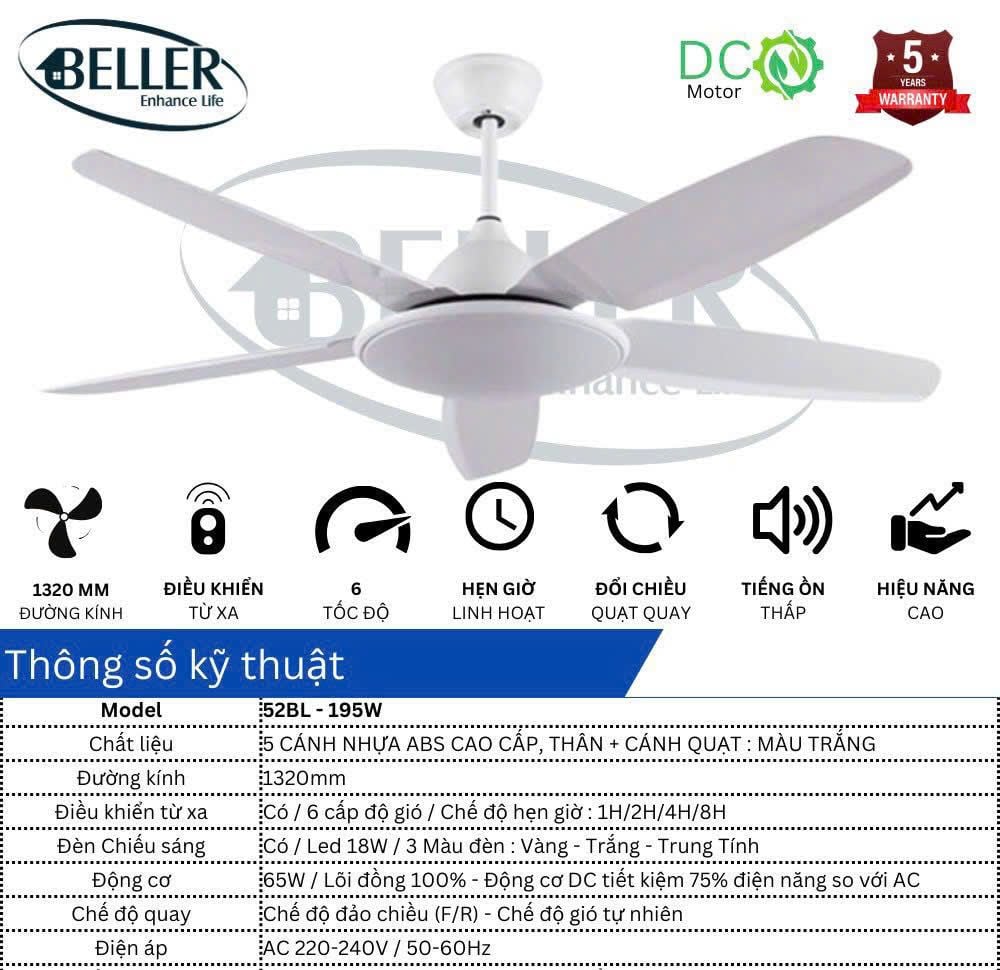  Quạt trần Beller 52BL – 195W 