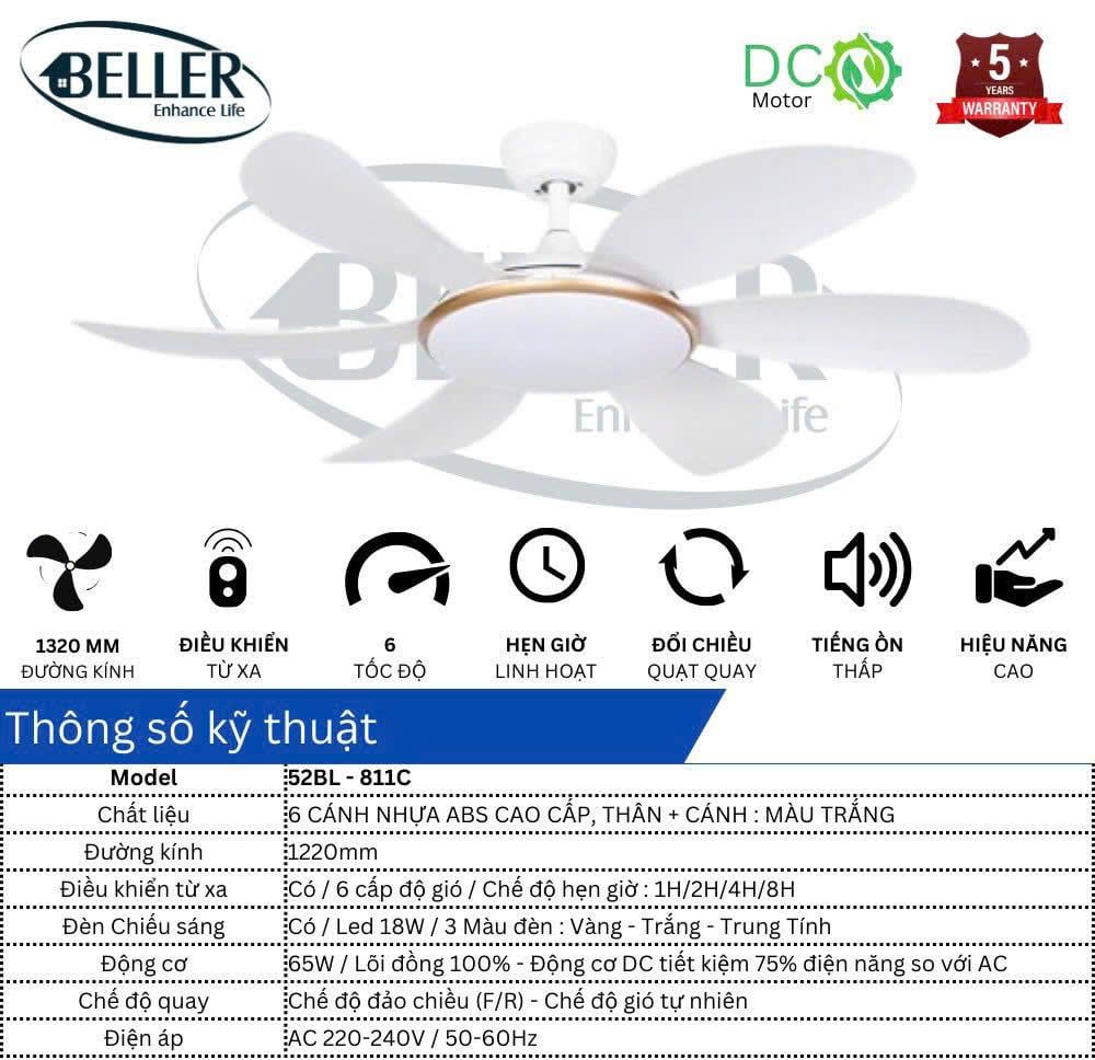  Quạt trần Beller 52BL – 811C 