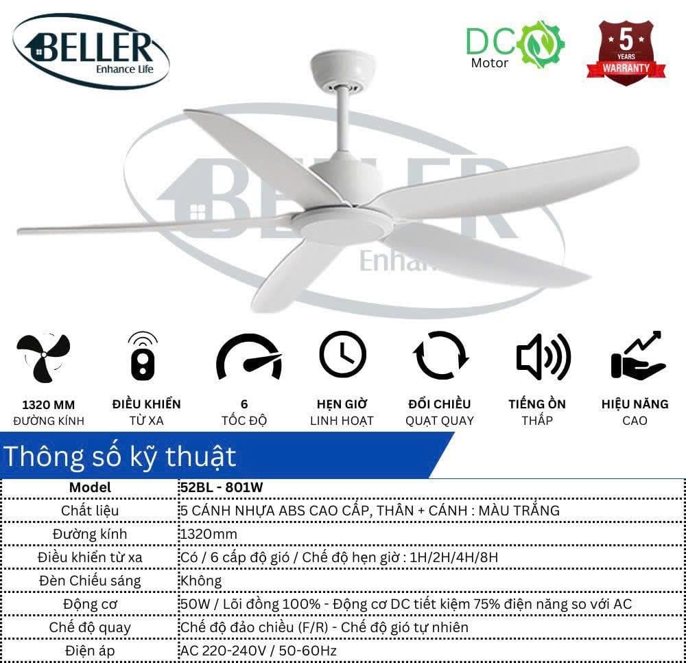  Quạt trần Beller 52BL – 801W 