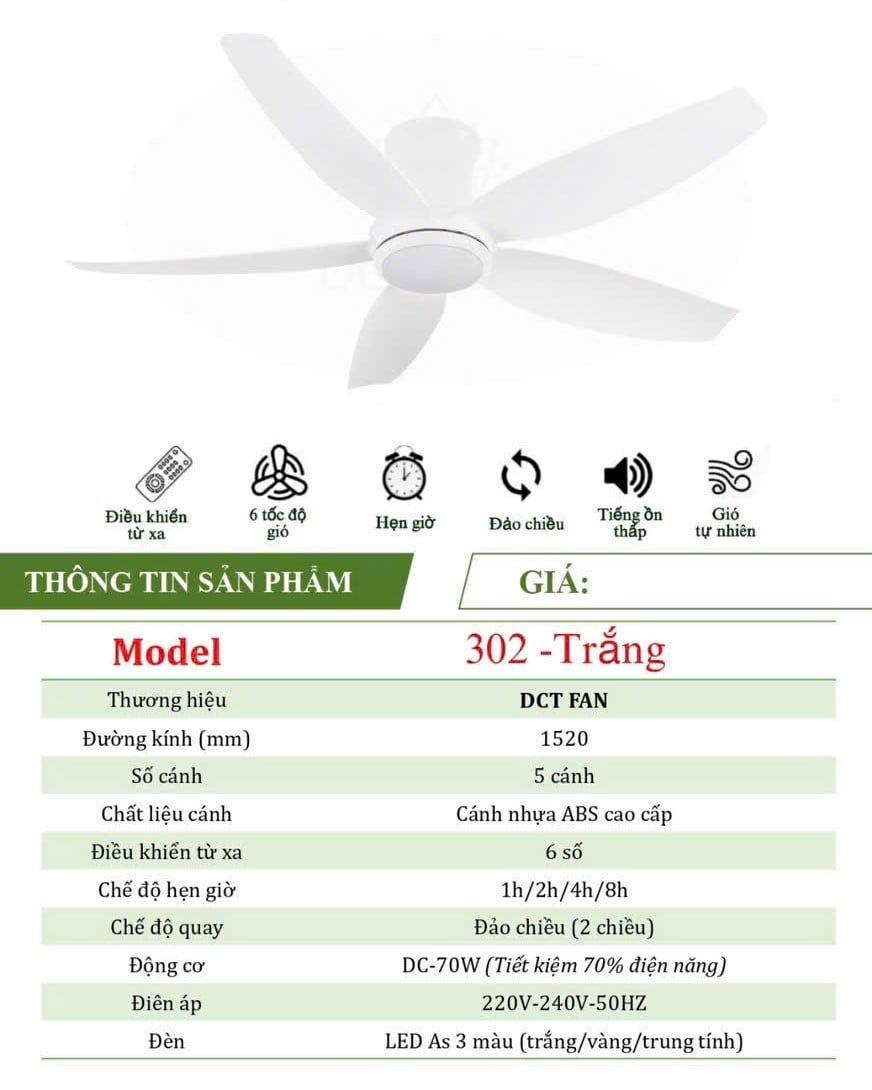  Quạt trần 5 cánh DCT Fan 302 Trắng 